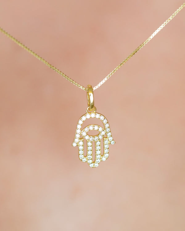 COLLAR PLATA L MANO HAMSA CIRCONIAS 45+5CM