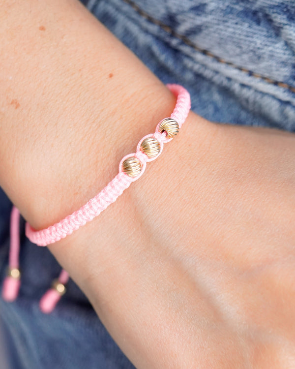 BRAZALETE TRES BALINES DIAMANTADO MACRAME ROSA