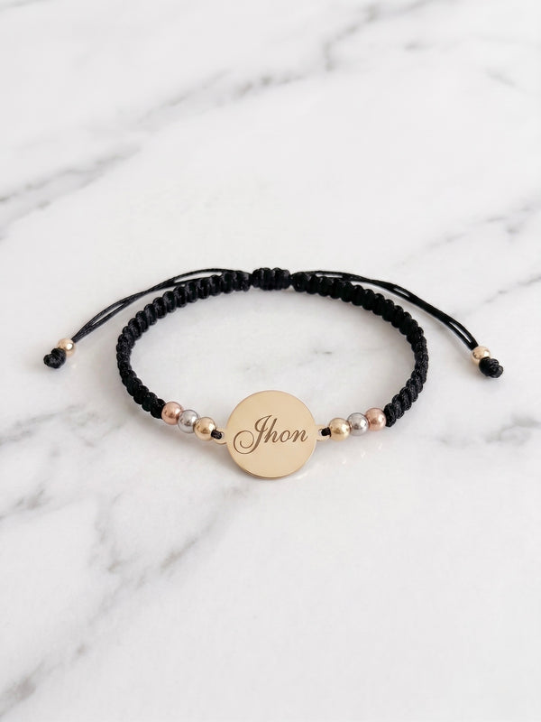 BRAZALETE TEJIDO NEGRO 4MM TRES TONOS MEDALLA